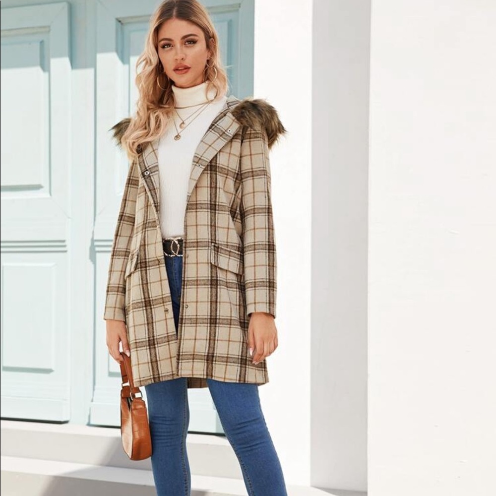 Shein Fuzzy Hooded Button Front Plaid Coat size Small